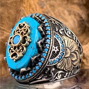 Retro Handmade Turkish Ring For Men Ancient Silver Color Carved Biker Ring